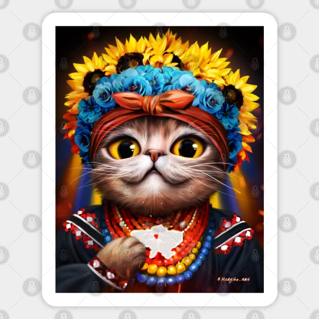 Cute Ukrainian cat patriot in the wreath of flowers Sticker by Marysha_art